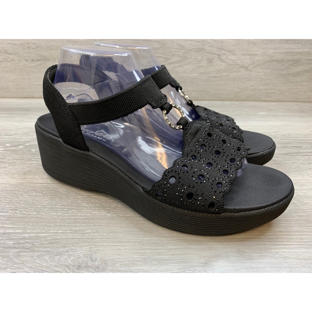 Skechers Luxe Foam Black Wedge Sandals Laser Cut Scalloped Women's 10 Shoes